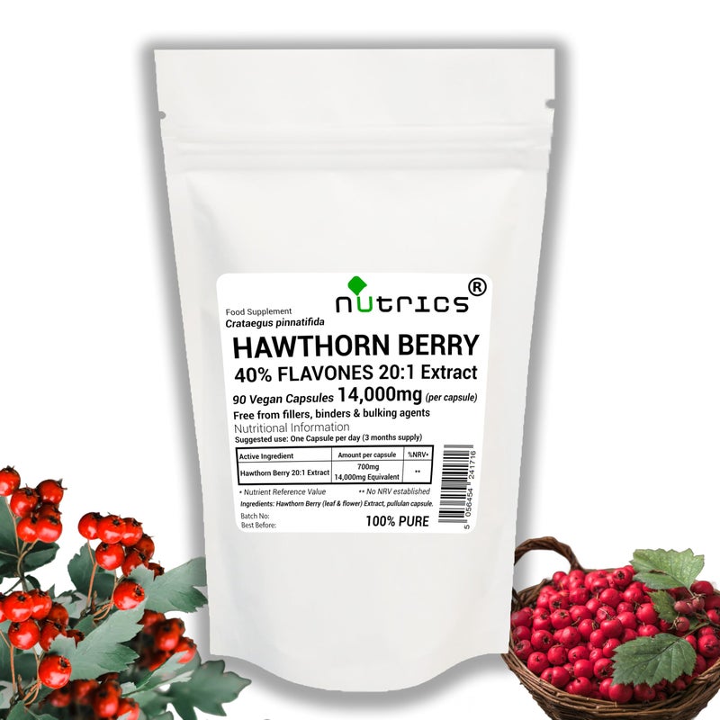 NutricsÂ® 14,000mg (per Capsule) Hawthorn Berry Extract 90 V Capsules - 40% FLAVONES Strong One A Day - 100% Pure - Free from fillers, Binders & Bulking Agents (90 V Capsules (3 Months Supply)) (90)